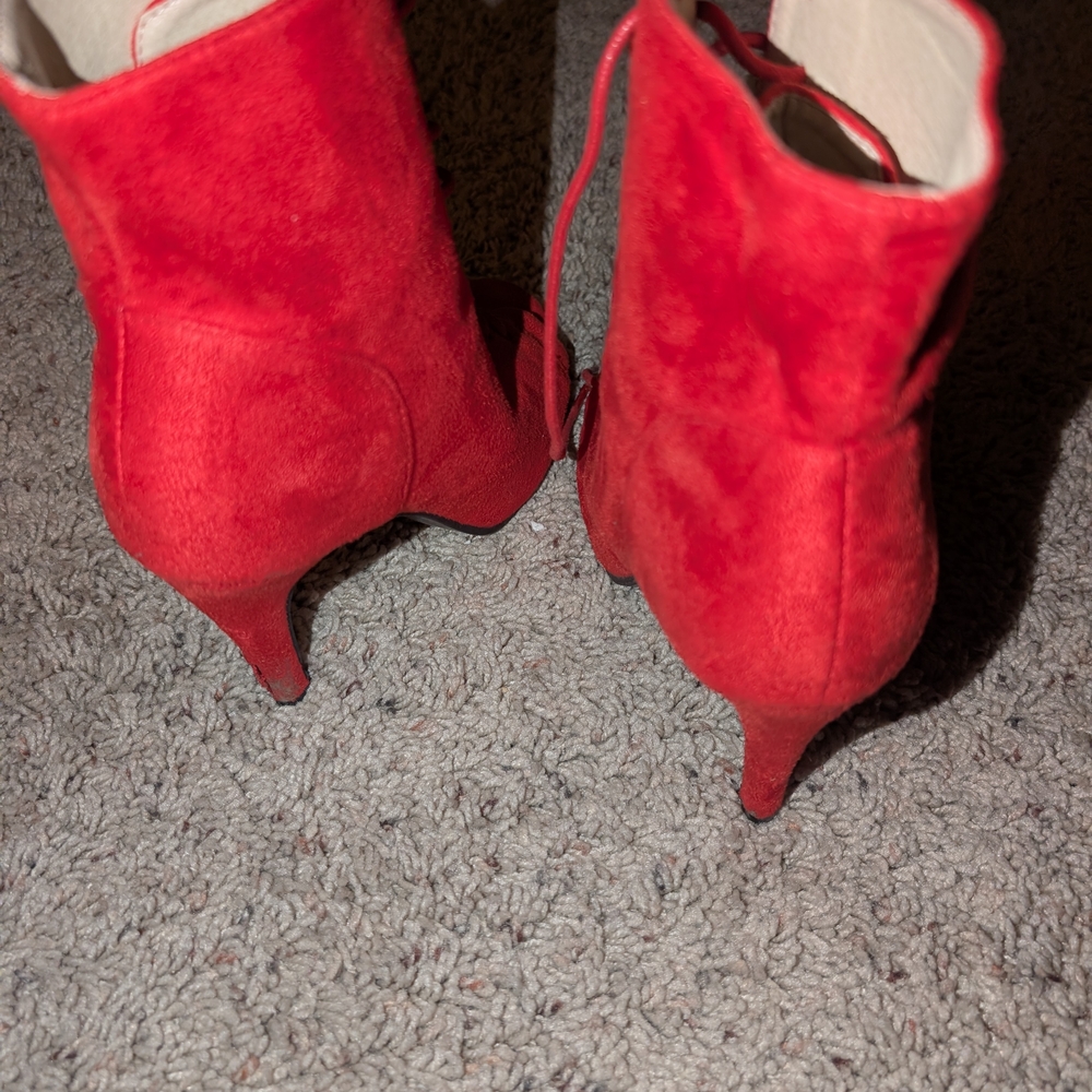 Red Suede Heeled Boots - Picture 2 of 5